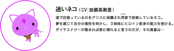 迷いネコ（CV：加藤英美里）道で彷徨っているのをアリスに保護され梵家で居候しているネコ。夢を通じて自分の素性を明かし、３姉妹にヒロイン変身の能力を授ける。ダイヤエナジーが集まれば家に帰れると言うのだが、その真意は…